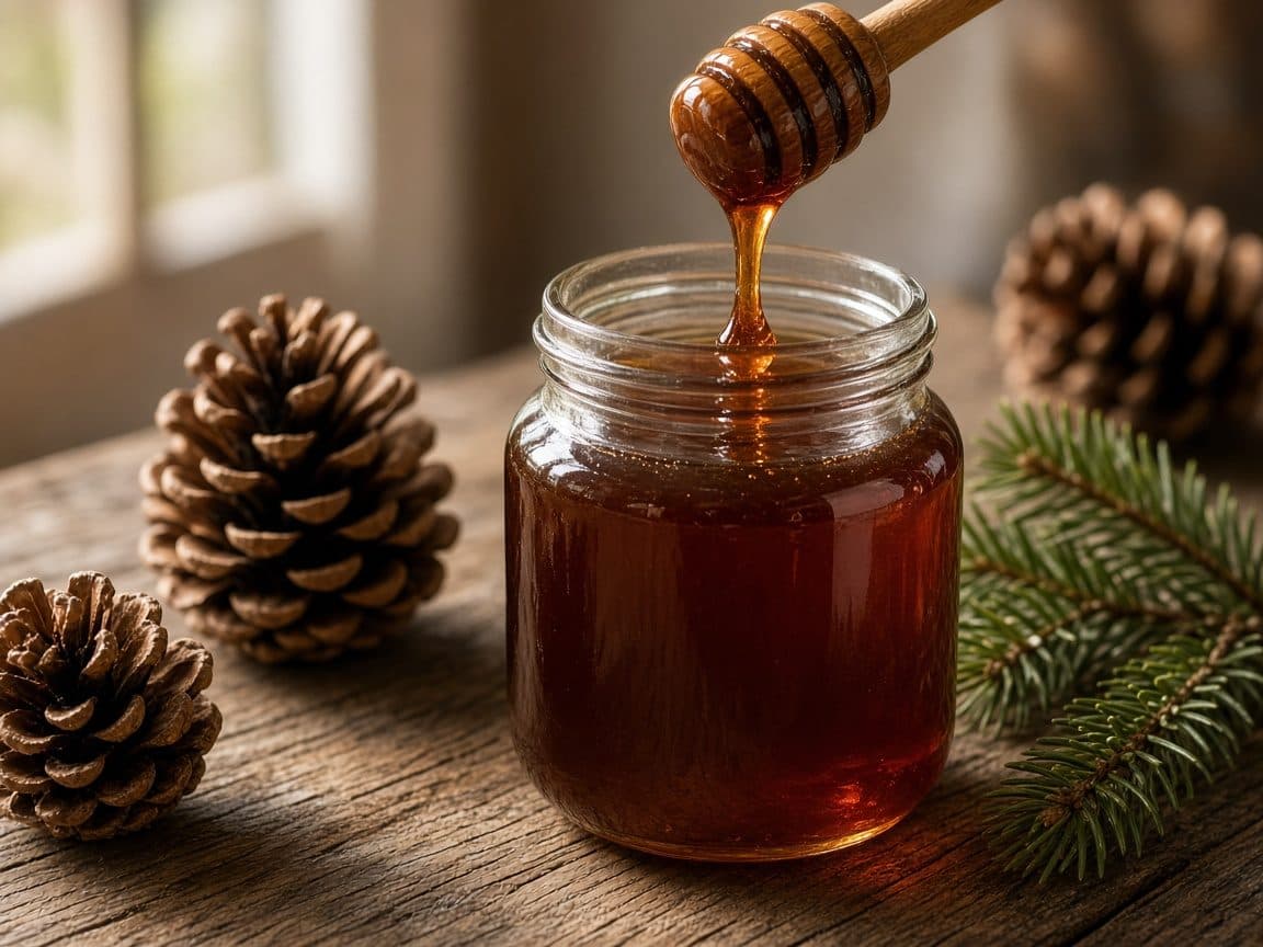 Mörk grekisk tallhonung i glasburk med trädoppare, pine honey